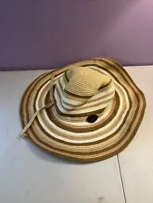 Panama Jack Women's Stripe Brown Tan White Ribbon Floppy Sun Hat 4" Big Brim EUC