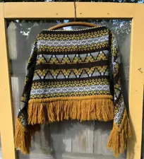 VTG 1970s Hand Loomed Fringe Poncho Jacquard Women Size OS Gold Brown Retro Mod