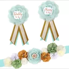 Maternity Sash and Corsage Set Mommy and Daddy to Be Pins Baby Shower Flower Sas