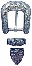 Antique Old Used 3 Piece Western Silver Tone Belt Buckle Set for 1" belt