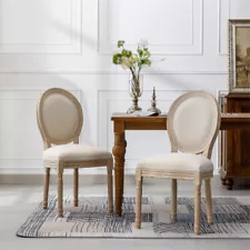 French Style Solid Wood Antique Linen Upholstered Dining Chair Set of 2-Cream