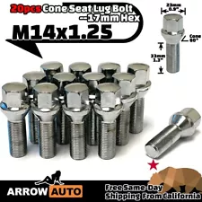 20x Chrome M14x1.25 Cone Lug Bolt 33mm Shank For 3-8 Spacers Fit BMW Mini Models