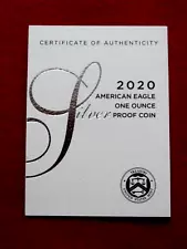 2020 W U.S. MINT AMERICAN SILVER EAGLE PROOF COA (1) ITEM # 79