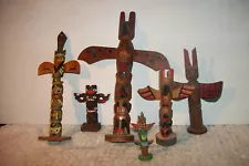 6 Vtg. 4 Hand Carved Painted Wooden Totem Poles-Native American -Resin & Plastic