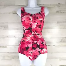 VINTAGE LE COVE PINK BLACK FLORAL FULL PIECE WIRELESS SWIMSUIT WOMEN'S SIZE 12 .