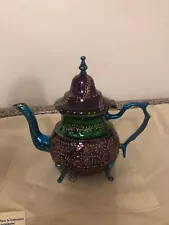 Moroccan multi-colored silver-plated brass tea pot