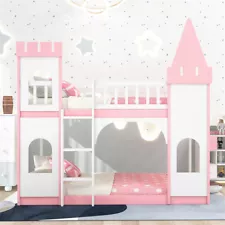 Twin Over Twin Kids Castle Bunk Beds Wood Bed Frame with Ladder for Boys Girls