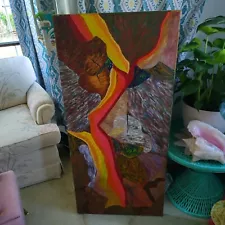 Vintage Large 22 X 47 Original Multicolor Abstract Oil Painting On Canvas