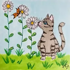 “The Tabby & The Butterfly” 3.5” X 3.5” Miniature Outsider Artist PJR Cat SALE