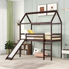 Twin Loft Bed with Slide, House Bed with Slide,Gray 09AAP