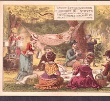 Victorian Picnic Park Party Crown Sewing Machine Florence Oil Stove Trade Card