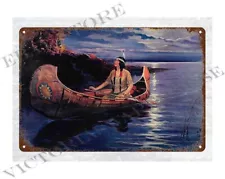 posters for sale online 1920s NATIVE AMERICAN INDIAN MAIDEN CANOE metal tin sign