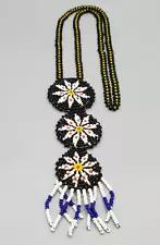 Native American Seed Bead Necklace 3 Medallions Leather Backing Black White