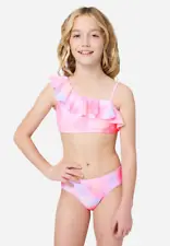 Justice Girls Pink Tie-Dye Ruffle Asymmetrical Bikini Swimsuit Set Size L 12/14