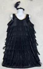 1920s Black Fringe Gold Sequin Trim Flapper Dress Costume Halloween Plus 16W-22W