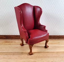 Dollhouse Miniature Wing Back Arm Chair Dark Red 1:12 Scale Furniture