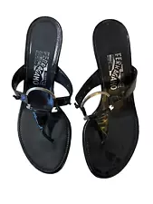 FERRAGAMO BLACK PATENT LEATHER THONG HIGH HEEL SANDALS SHOES WOMEN'S SIZE 7 7B