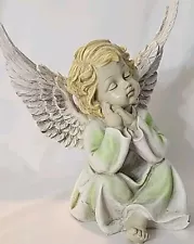 Garden Angel Sleeping W/Her Hands On Her Cheek Green & White Resin 8.5" Tall GUC