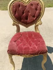 Vintage Heart Shaped Ornate Carved Wood & Tufted Red Velvet Accent Chair