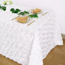 White 3D Floral Satin Raised Rosettes Tablecloth Rectangular 90X132 Inches Roset