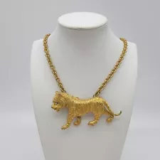 Gold Tone Hip Hop Large Heavy Tiger Pendant Rhinestone Eyes on Chain