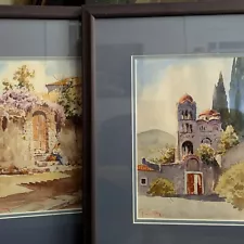 Original Watercolor Painting Greece Framed Signed Set of 2 Vtg Greek Wall Art