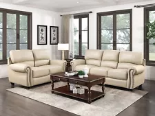 NEW SPECIAL Traditional Living Room Beige Cream Leather Sofa & Loveseat Set IG53