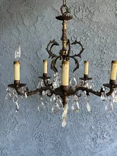 Vntg Spanish Type 5 light brass chandelier 17" high, 19" wide with crystals