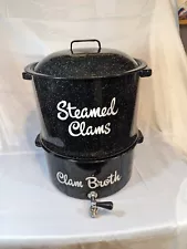 XL Vintage Speckled Black Enamel Steamed Clams Steamer Pot Lobster Crab Cooker