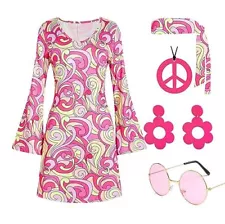 60s 70s Disco Outfit Hippie Costume Women, 1970 Style Clothes Dress Peace Sig...