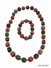 Handmade Red Brown Gray Polymer Clay Necklace & Bracelet Set Lot