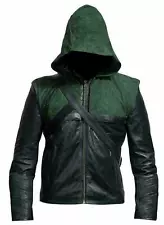 Green Arrow Stephen Harper Hooded Real Leather Stylish Men's Classic Wear Jacket