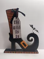 Halloween Boot The Witch Is IN OUT Wood Display Orange And Black For Shelf Table