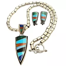 Advanced Technique Works Vintage Navajo Native American Inlad Necklace Earrings