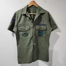 Vintage US Air Force Fatigue OG 507 Button Down Green Short Sleeve Patches Large