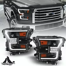 for 2015 2016 2017 Ford F-150 F150 Black LED Bar Projector Headlights Pair Set