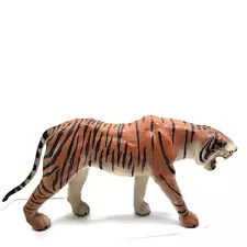 AFRICAN TIGER LEATHER WRAPPED VTG PAPER MACHE ART GLASS EYE 9" T X 18'' L X 5"W