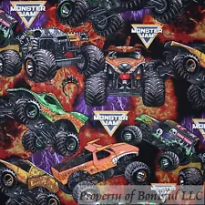 BonEful Fabric FQ Cotton Quilt Black Rainbow Monster Truck Jam Red Fire Flame UK