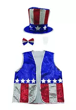 Adult Uncle Sam Costume Top Hat Vest Bowtie Beard Patriotic 4th of July Set