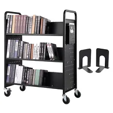 VEVOR Book Cart Library Cart 330 lbs Capacity with W-Shaped Shelves in Black