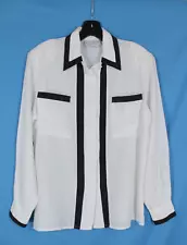 VTG EXPRESSLY FOR JOYCE White SATIN w/Black Trim POCKETS Button-Up BLOUSE/TOP 8