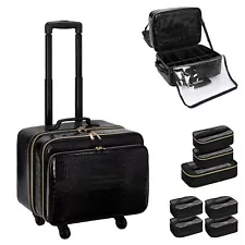 Rolling Makeup Train Case,with 7 Pcs Clear Makeup Bags, 18" Carry On Travel C...