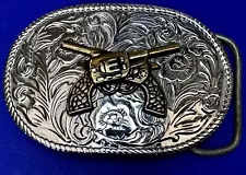 Two Crossed Six Shooter Gun Pistol Revolver Ornate Western Belt Buckle