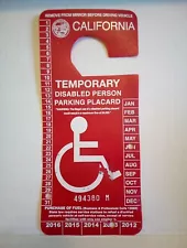 California Temporary Disabled Person Parking Placard DMV CA #494380M Red