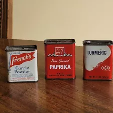 3 Vintage Spice Tin Cans IGA Turmeric, French's Curry Powder, Ann Page Paprika