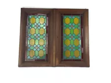 Pair Two Antique Leaded Glass hand Carved Wooden Door Panels Reclaimed Architect