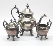 Birmingham Silver Company VTG 3-piece Tea Set Ornate Leaves. Cream, Sugar, Tea