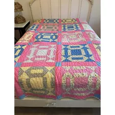 1930s 1940s handmade quilt with pink sashing and flowers 71" x 90"