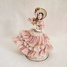 Vintage 10" Franz Witter Dresden Lace Lady in Pink Ruffle Dress & Hat Figurine