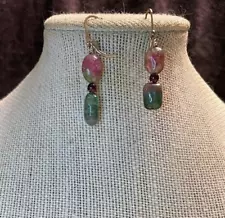 Watermelon tourmaline earrings pink green tumbled gemstone amethyst marked